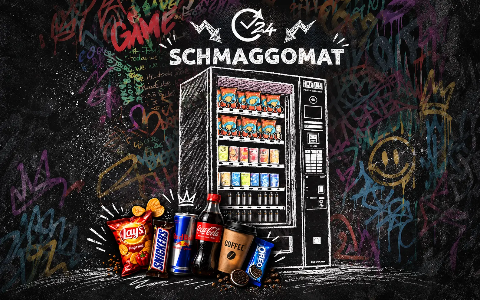 Schmaggomat Kreideillustration mit Snackautomat, Snacks und Drinks